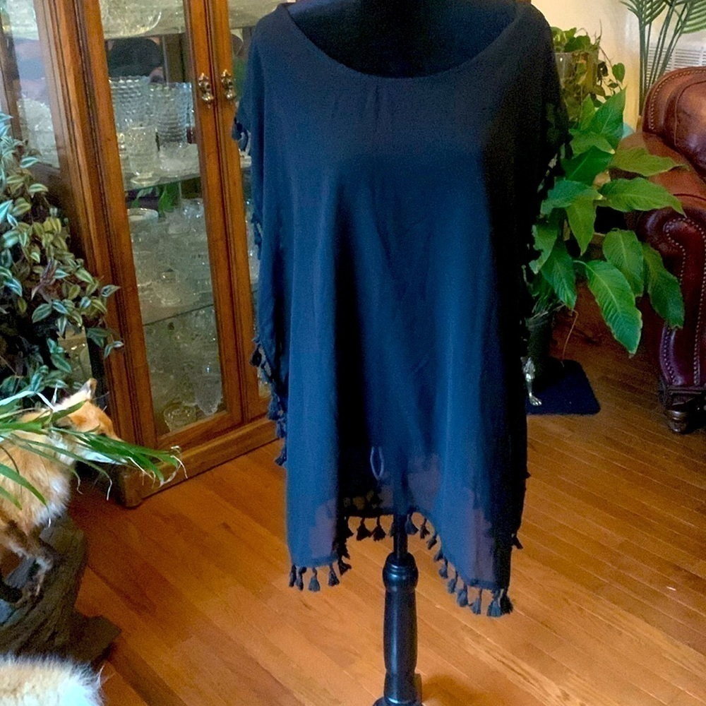 NWT Black sheer swimsuit coverup with tassels new size s m small medium